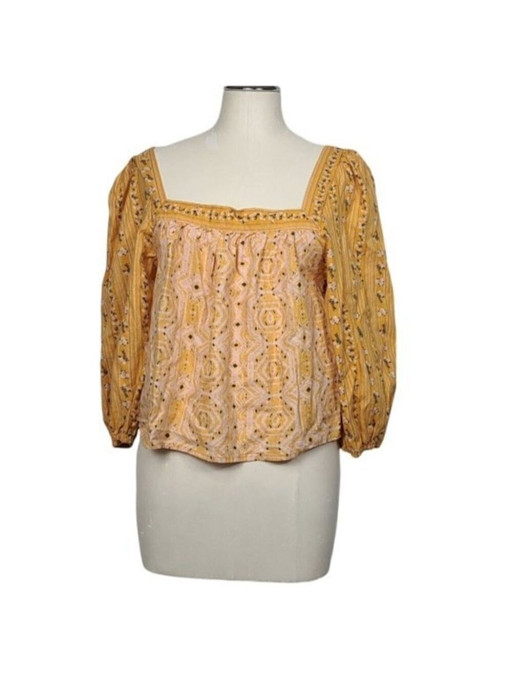 C&C California Yellow Printed Floral Square Neck Boho Blouse M